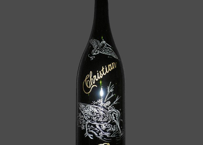 Bouteille gravée pour un anniversaire (50 ans) et avec pour thématique la nature